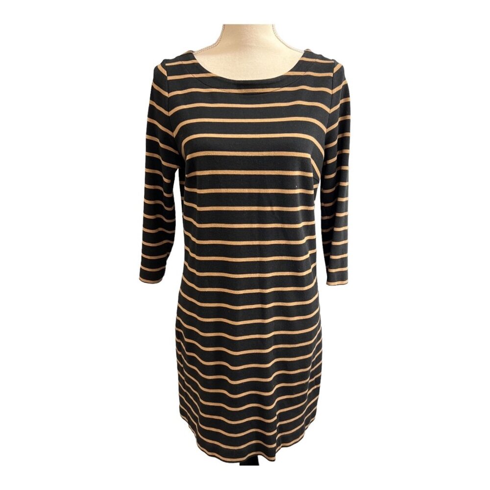 Boden Dress Women US 10‎ Black Tan Stripe Shift Midi Cotton Modal Blend Preppy